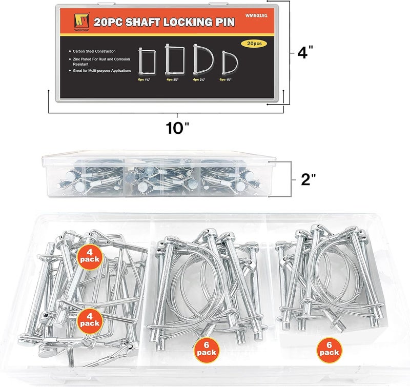 Wellmax 20 Pcs Shaft Locking Pin in 1/4", 5/16" and 3/8" Diameter Zinc-Plated Heavy Duty Safety Pins, Trailer Hitch Pin for Trailer Lock and Hitch Pin Lock for Farm Lawn Garden Wagons, Silver Color - Image 2